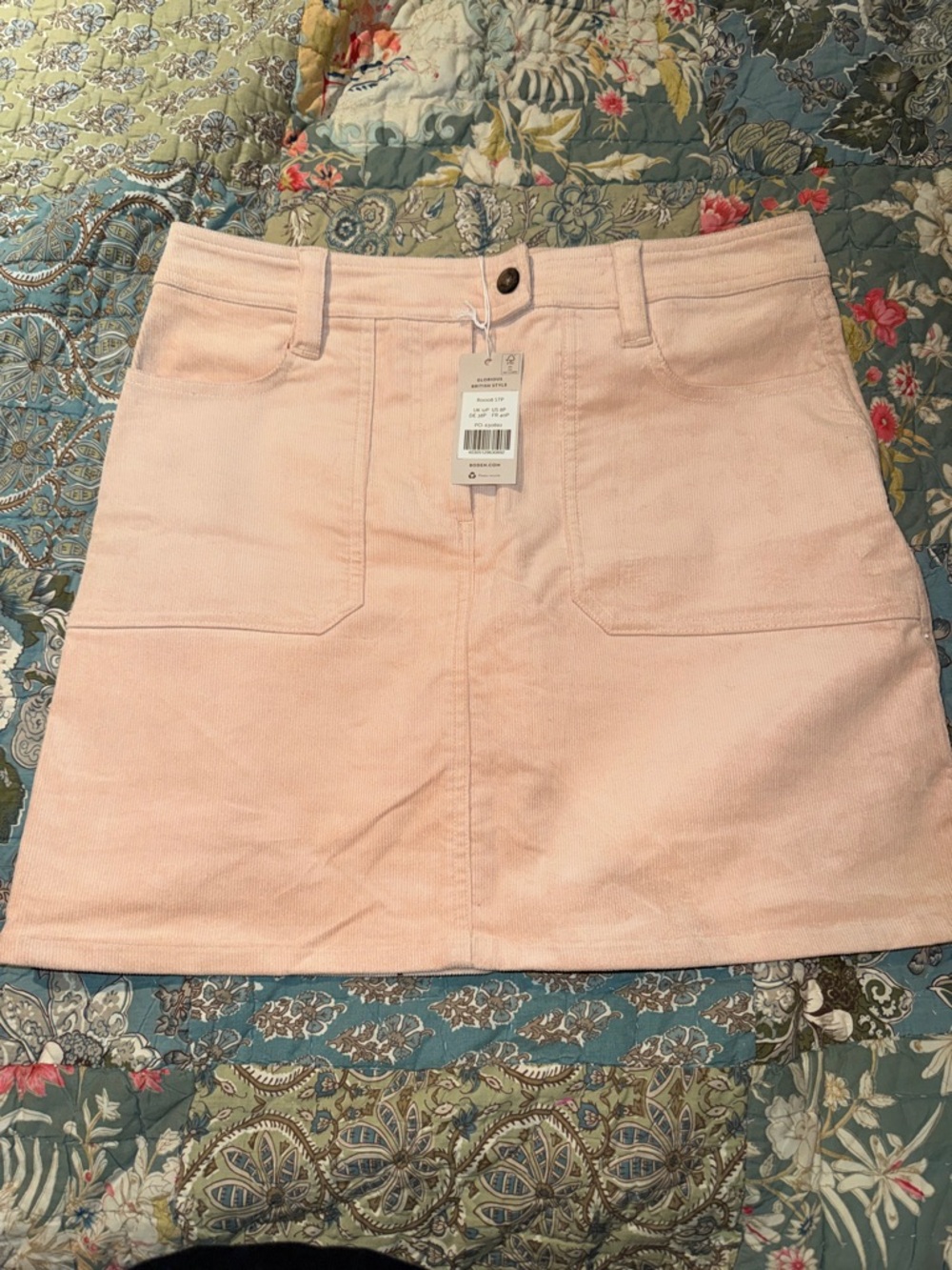 Boden Light Pink Corduroy Mini Skirt with Front and Back Pockets